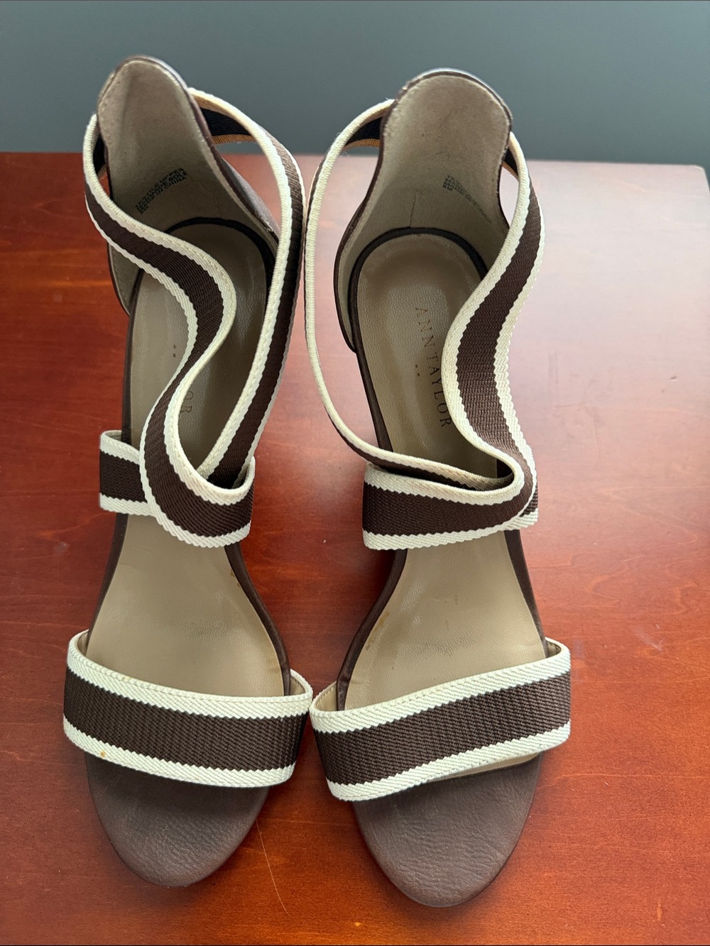 Ann Taylor Two-Tone Brown and Cream Wrap-Strap Heels